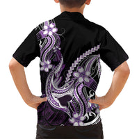 Purple Black Aloha Hawaii Family Matching Off Shoulder Short Dress and Hawaiian Shirt Polynesian Shark Tattoo Plumeria