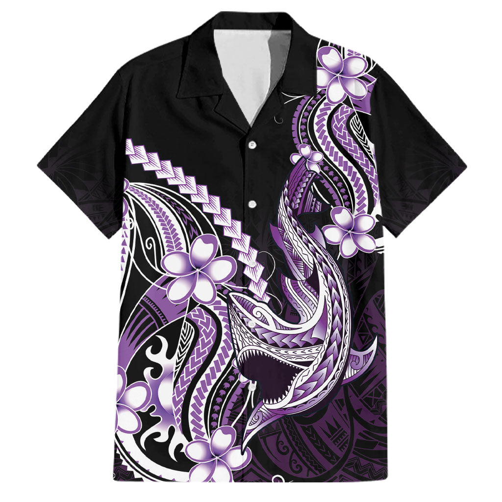 Purple Black Aloha Hawaii Family Matching Off Shoulder Short Dress and Hawaiian Shirt Polynesian Shark Tattoo Plumeria
