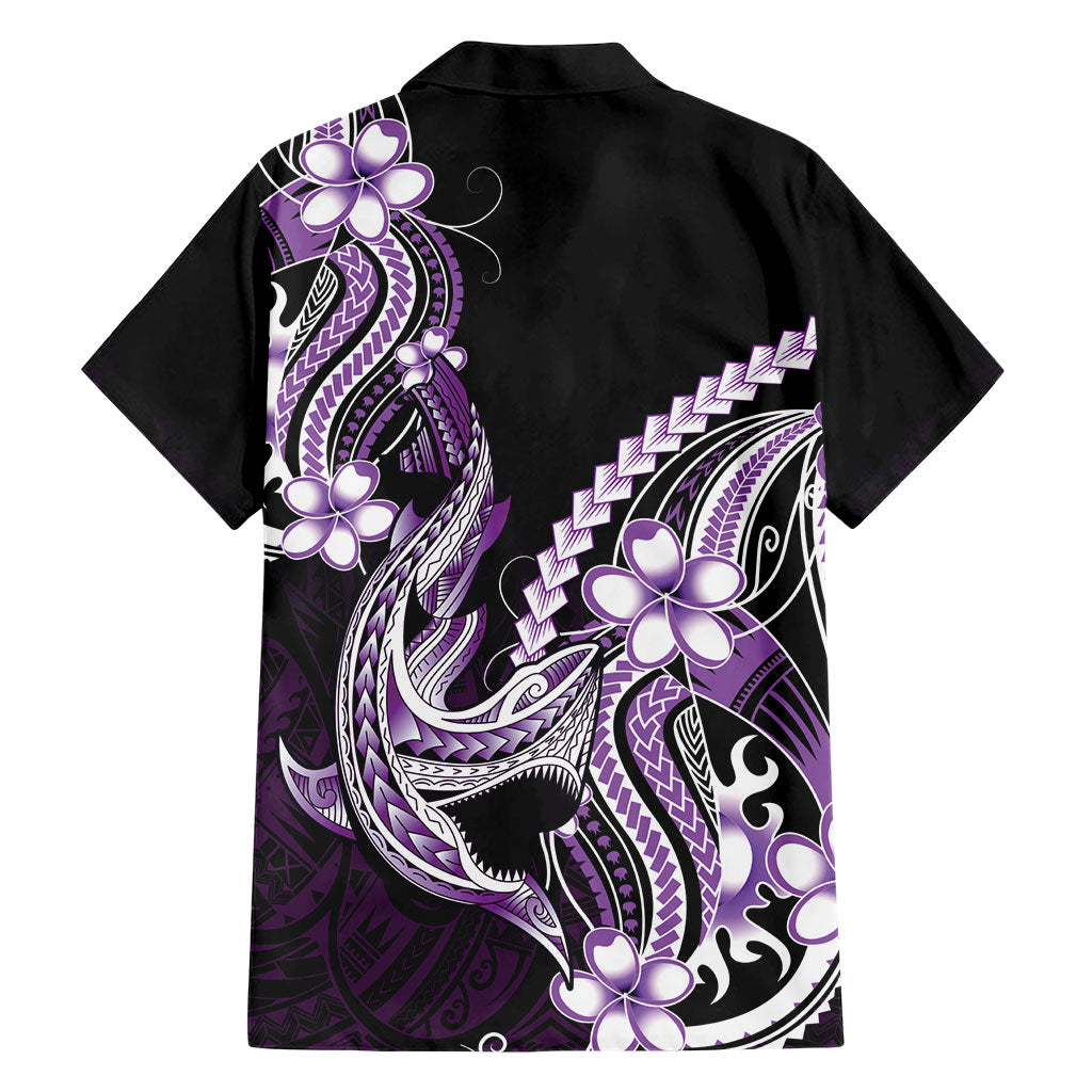 Purple Black Aloha Hawaii Family Matching Puletasi and Hawaiian Shirt Polynesian Shark Tattoo Plumeria