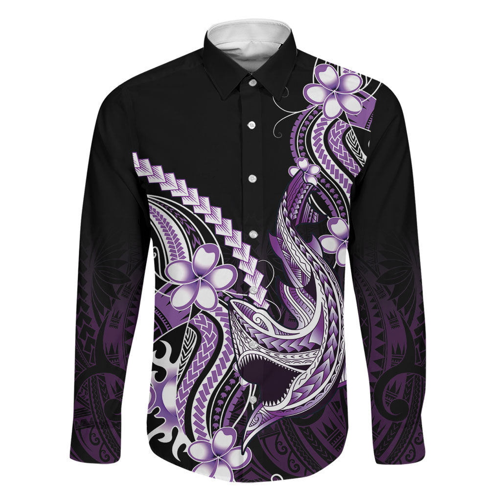 Purple Black Aloha Hawaii Family Matching Puletasi and Hawaiian Shirt Polynesian Shark Tattoo Plumeria