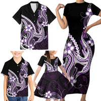 Purple Black Aloha Hawaii Family Matching Short Sleeve Bodycon Dress and Hawaiian Shirt Polynesian Shark Tattoo Plumeria
