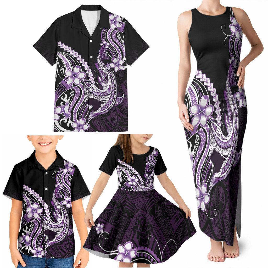 Purple Black Aloha Hawaii Family Matching Tank Maxi Dress and Hawaiian Shirt Polynesian Shark Tattoo Plumeria LT14 - Polynesian Pride