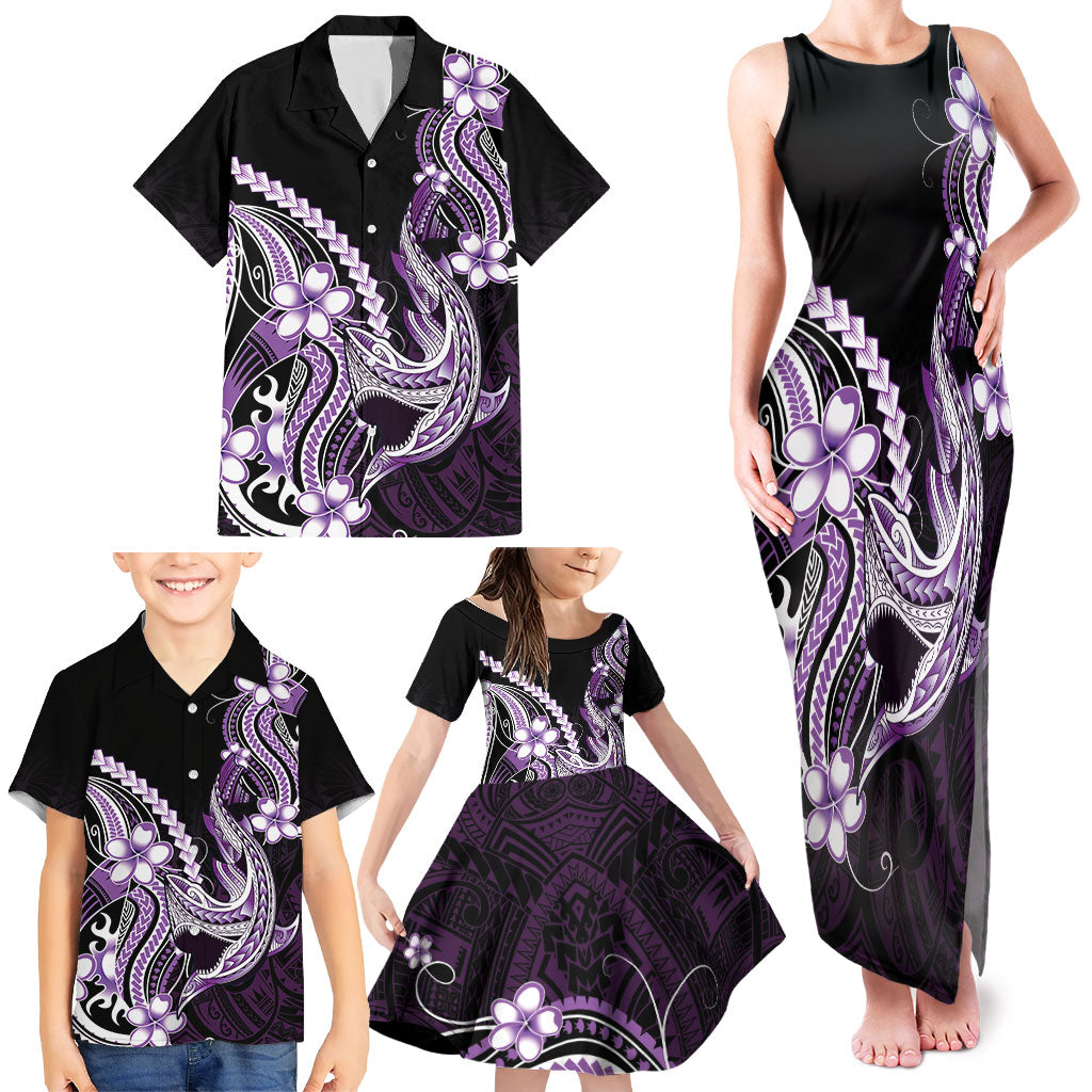 Purple Black Aloha Hawaii Family Matching Tank Maxi Dress and Hawaiian Shirt Polynesian Shark Tattoo Plumeria LT14 - Polynesian Pride