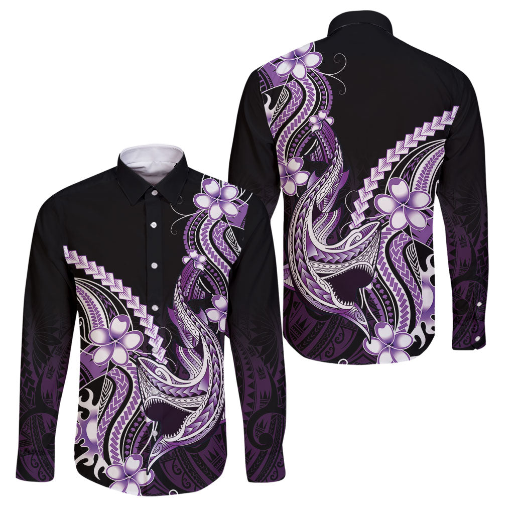 Purple Black Aloha Hawaii Family Matching Tank Maxi Dress and Hawaiian Shirt Polynesian Shark Tattoo Plumeria LT14 Dad's Shirt - Long Sleeve Purple - Polynesian Pride
