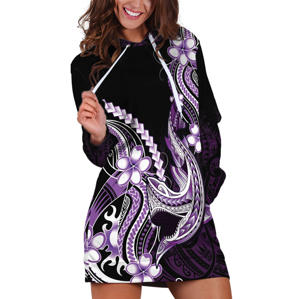 Purple Black Aloha Hawaii Hoodie Dress Polynesian Shark Tattoo Plumeria