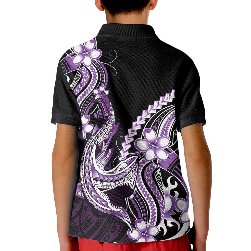 Purple Black Aloha Hawaii Kid Polo Shirt Polynesian Shark Tattoo Plumeria
