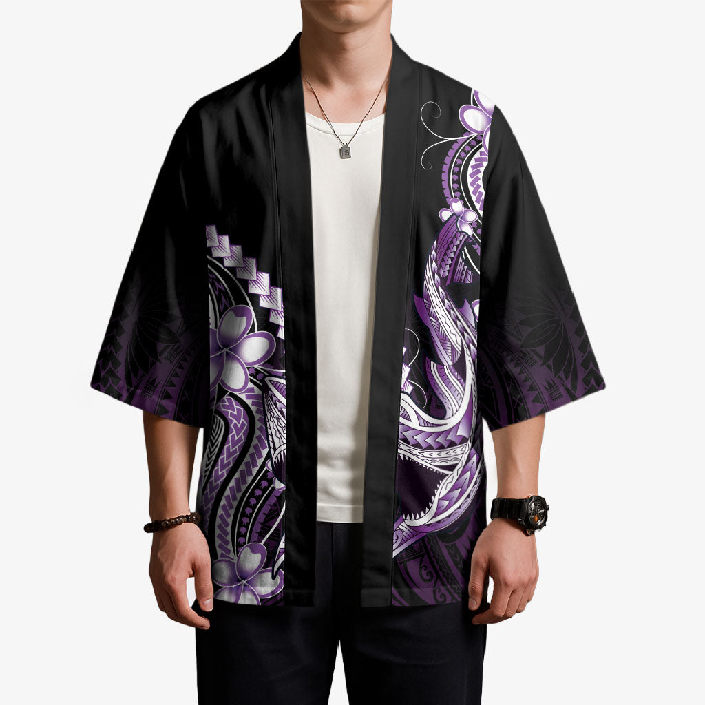 Purple Black Aloha Hawaii Kimono Polynesian Shark Tattoo Plumeria