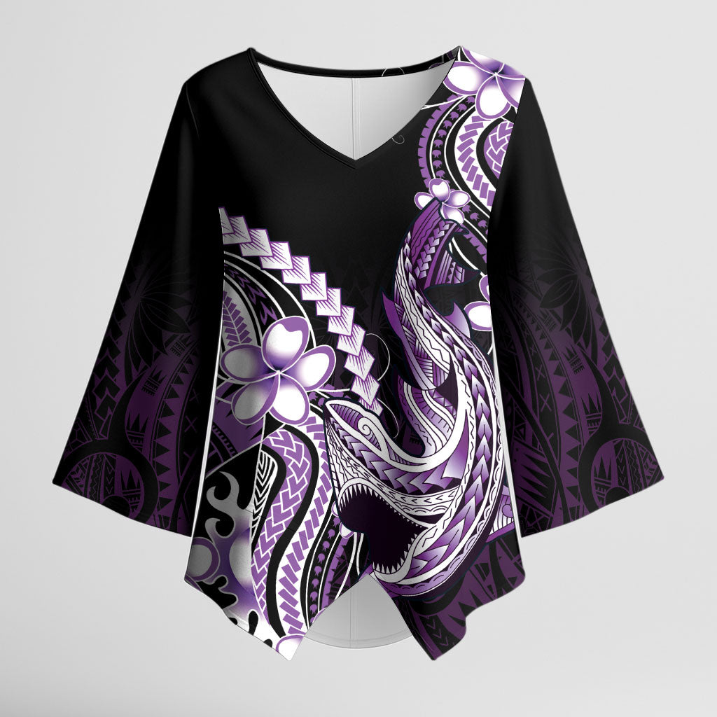 Purple Black Aloha Hawaii Kimono Sleeve Blouse Polynesian Shark Tattoo Plumeria LT14 Female Purple - Polynesian Pride