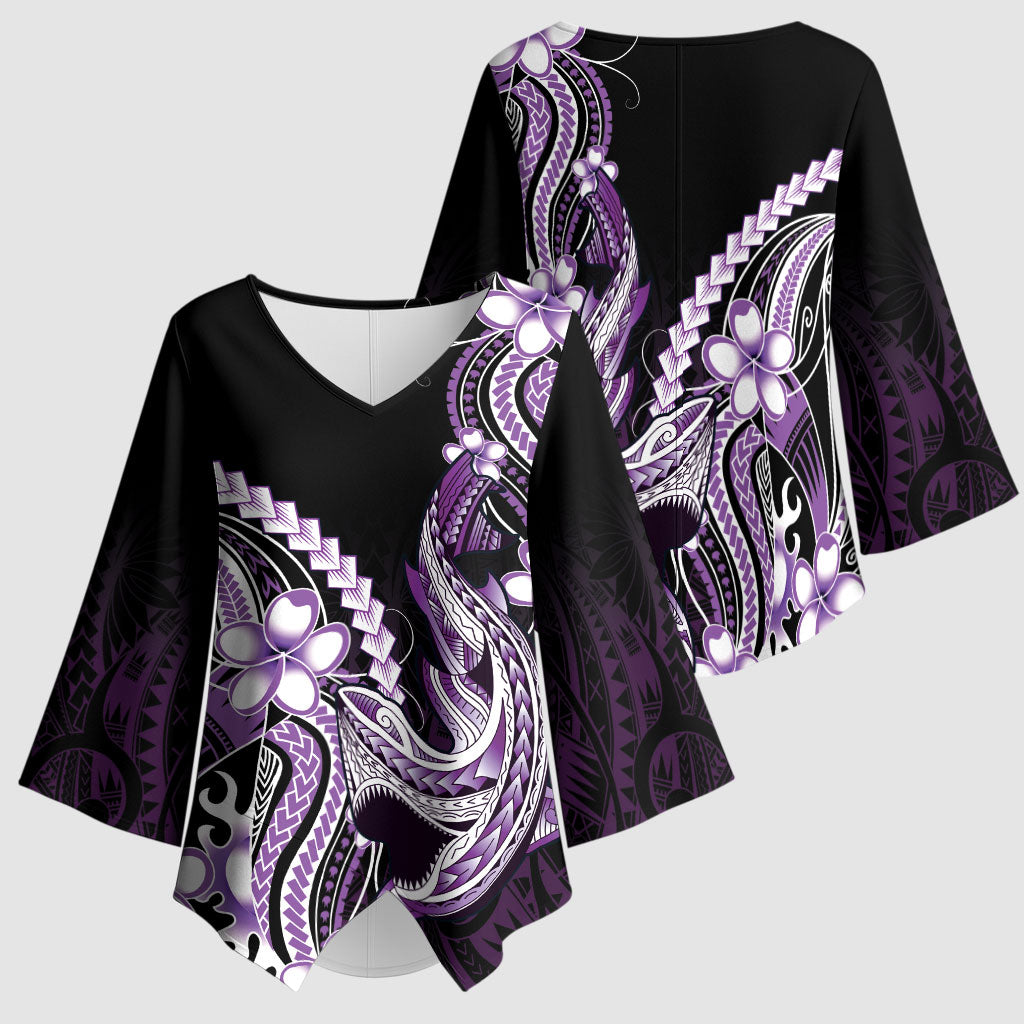 Purple Black Aloha Hawaii Kimono Sleeve Blouse Polynesian Shark Tattoo Plumeria