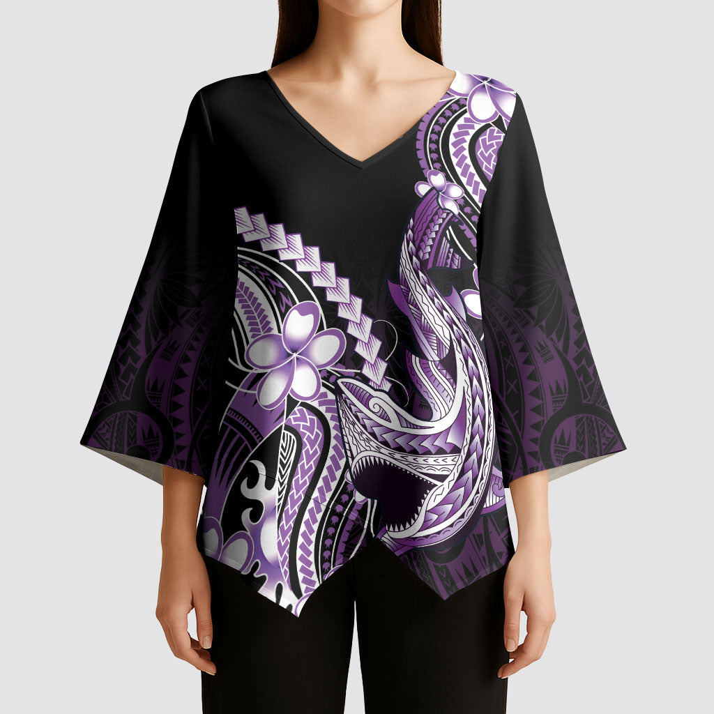Purple Black Aloha Hawaii Kimono Sleeve Blouse Polynesian Shark Tattoo Plumeria