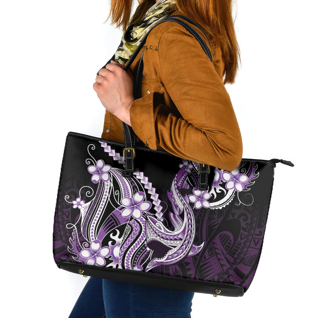 Purple Black Aloha Hawaii Leather Tote Bag Polynesian Shark Tattoo Plumeria