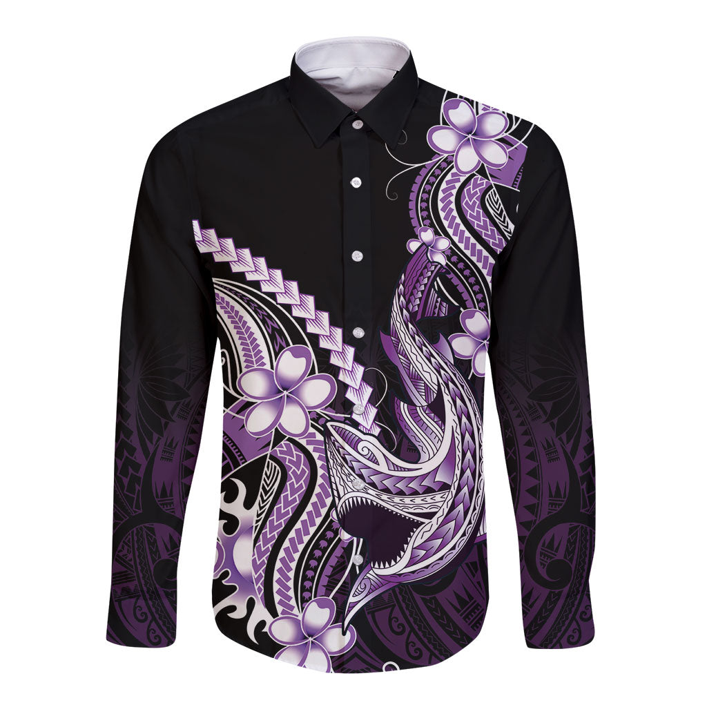Purple Black Aloha Hawaii Long Sleeve Button Shirt Polynesian Shark Tattoo Plumeria LT14 Unisex Purple - Polynesian Pride