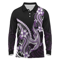 Purple Black Aloha Hawaii Long Sleeve Polo Shirt Polynesian Shark Tattoo Plumeria