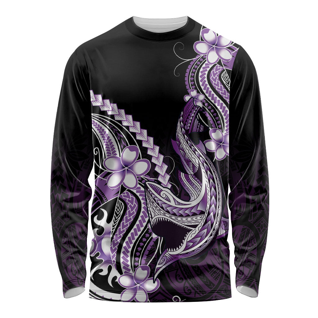 Purple Black Aloha Hawaii Long Sleeve Shirt Polynesian Shark Tattoo Plumeria LT14 Unisex Purple - Polynesian Pride