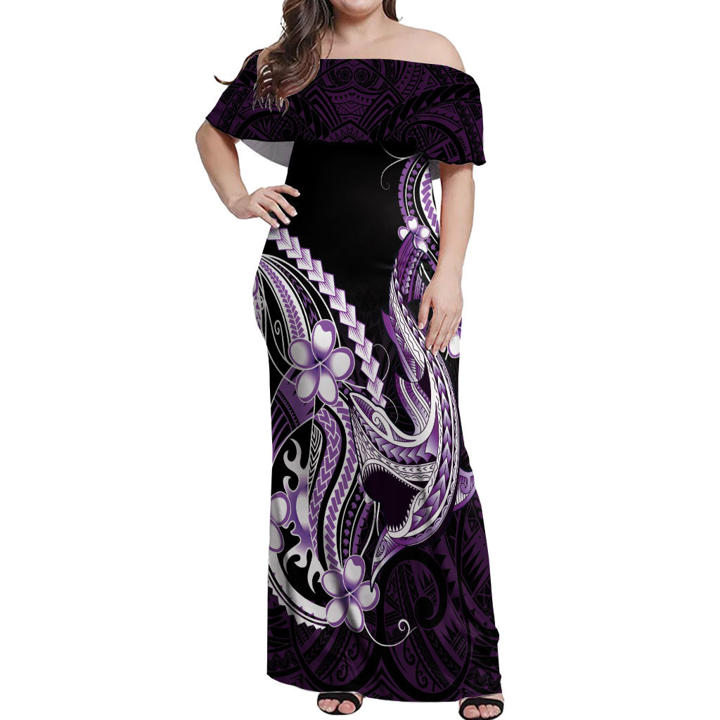 Purple Black Aloha Hawaii Off Shoulder Maxi Dress Polynesian Shark Tattoo Plumeria LT14 Women Purple - Polynesian Pride