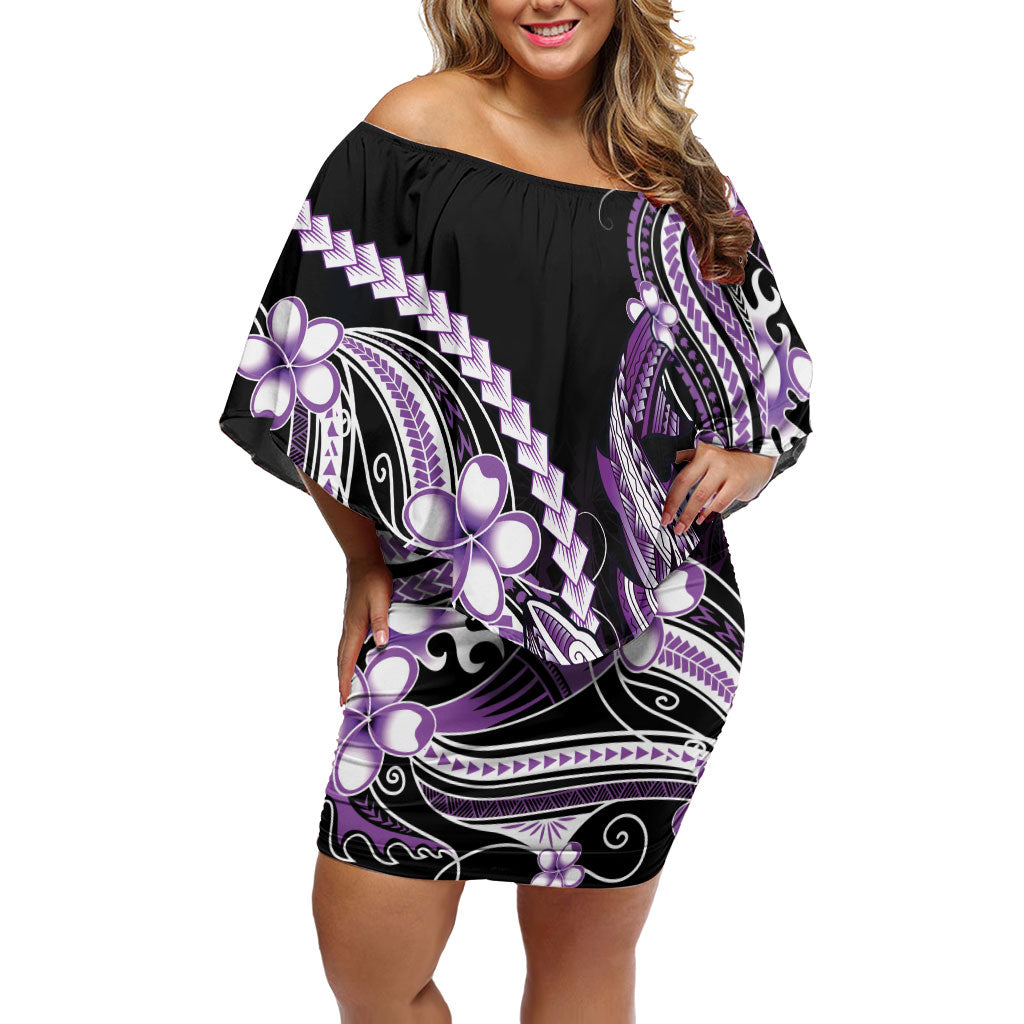 Purple Black Aloha Hawaii Off Shoulder Short Dress Polynesian Shark Tattoo Plumeria LT14 Women Purple - Polynesian Pride