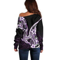 Purple Black Aloha Hawaii Off Shoulder Sweater Polynesian Shark Tattoo Plumeria