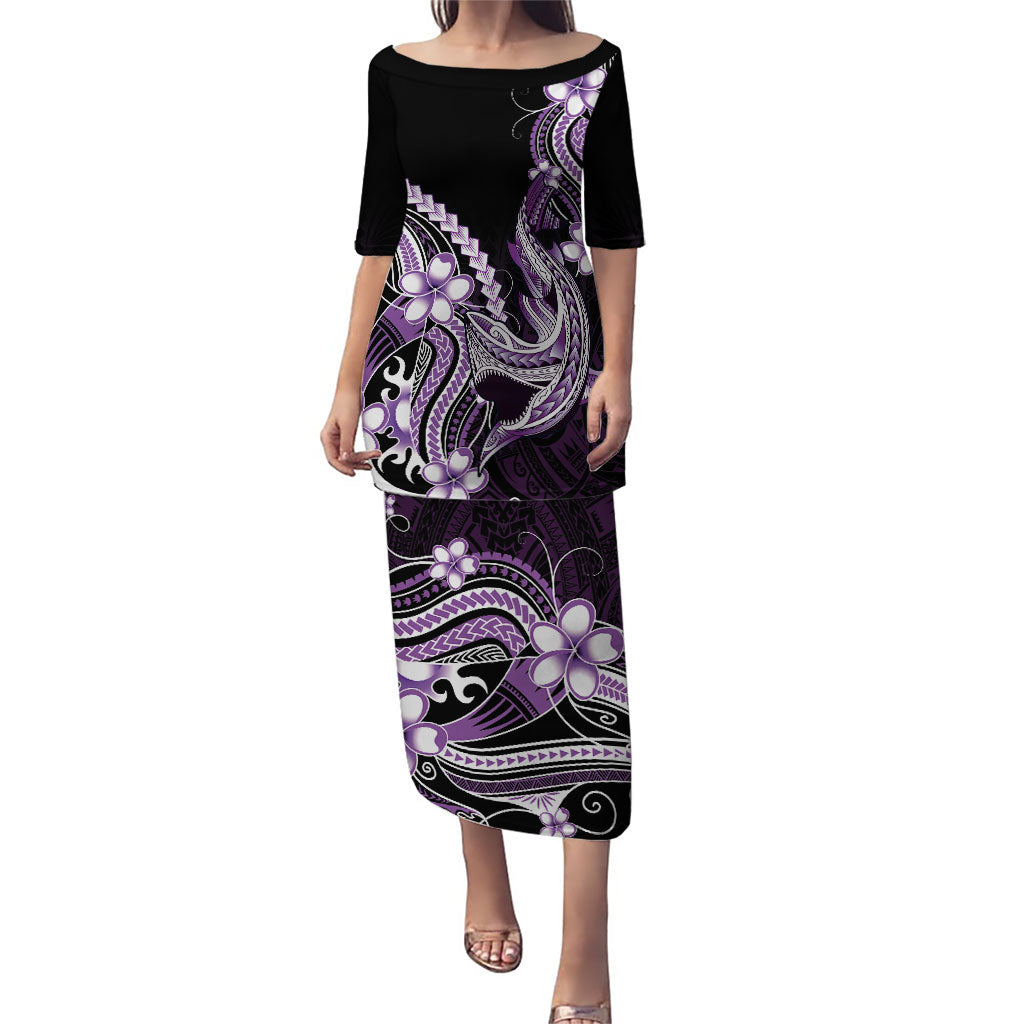 Purple Black Aloha Hawaii Puletasi Polynesian Shark Tattoo Plumeria