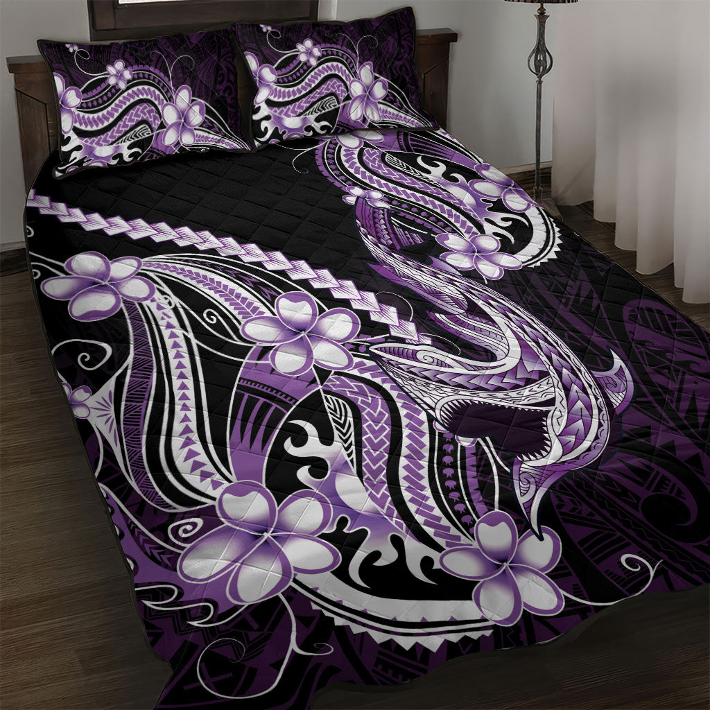 Purple Black Aloha Hawaii Quilt Bed Set Polynesian Shark Tattoo Plumeria