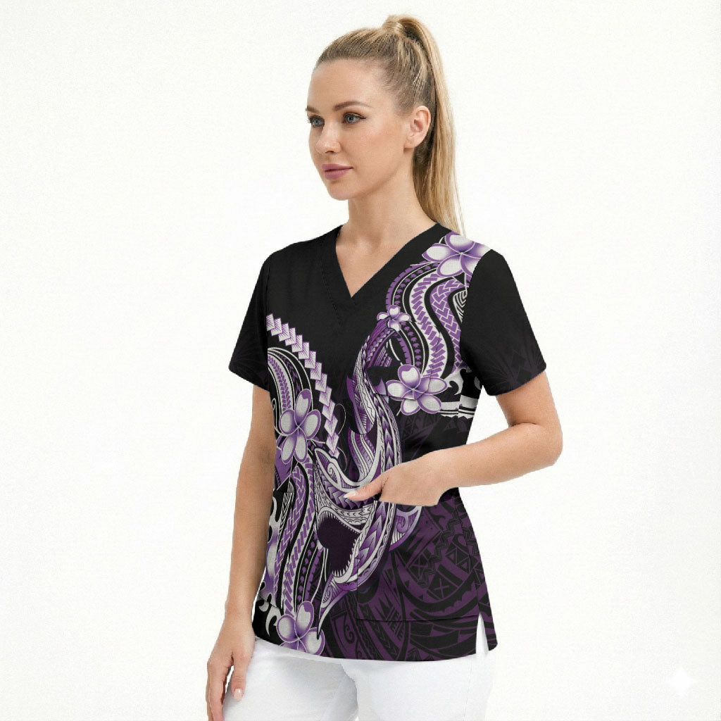 Purple Black Aloha Hawaii Scrub Top Polynesian Shark Tattoo Plumeria