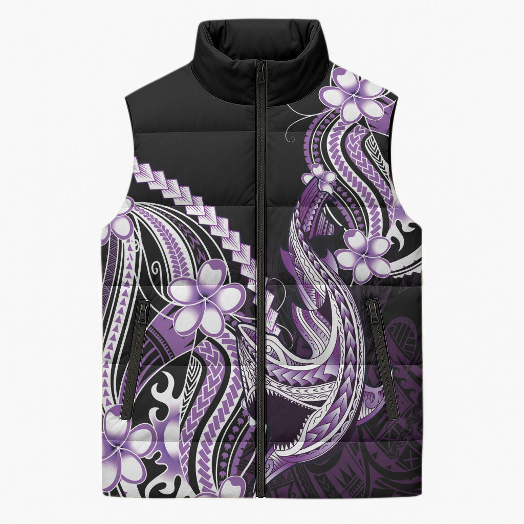 Purple Black Aloha Hawaii Sleeveless Puffer Jacket Polynesian Shark Tattoo Plumeria