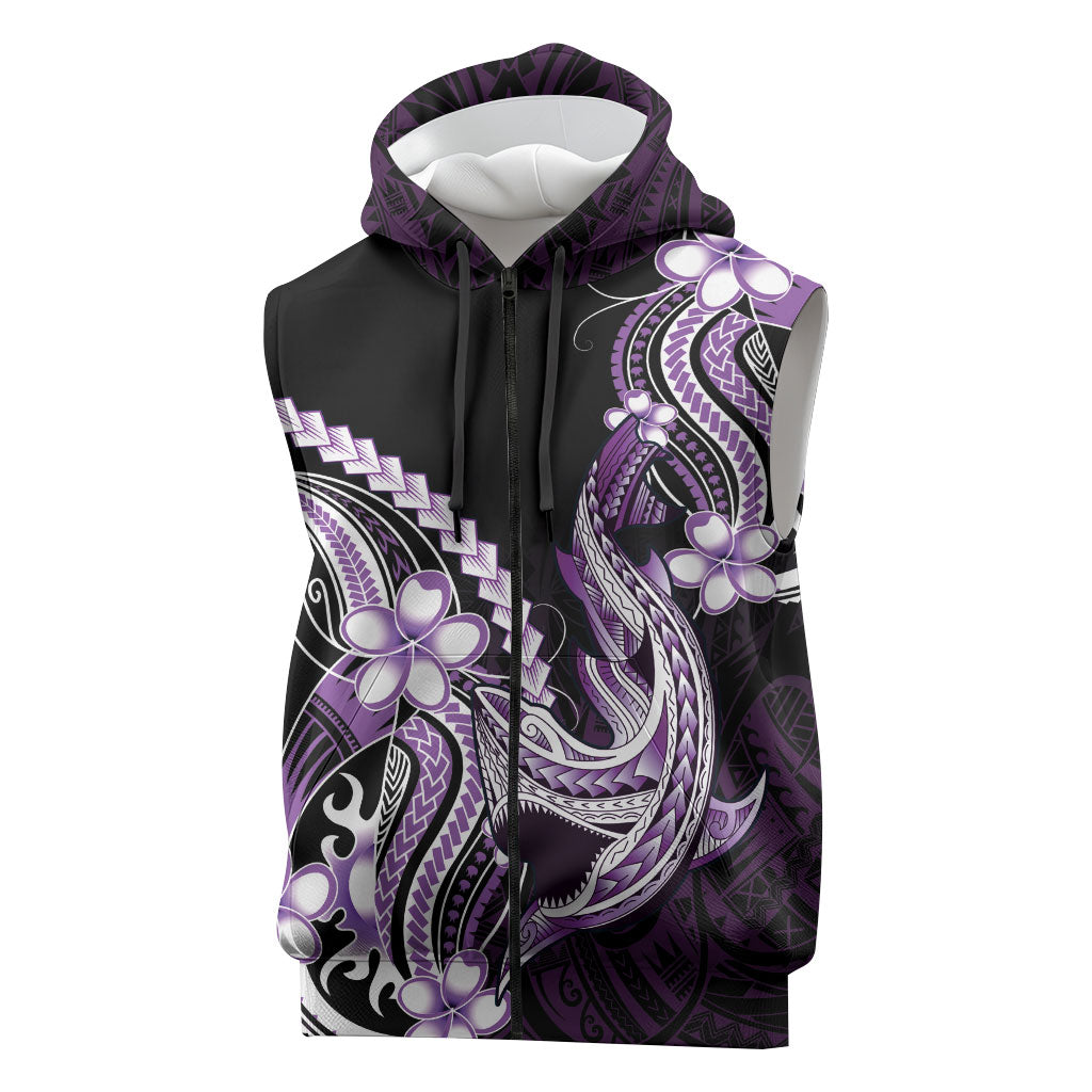 Purple Black Aloha Hawaii Sleeveless Zip Hoodie Polynesian Shark Tattoo Plumeria
