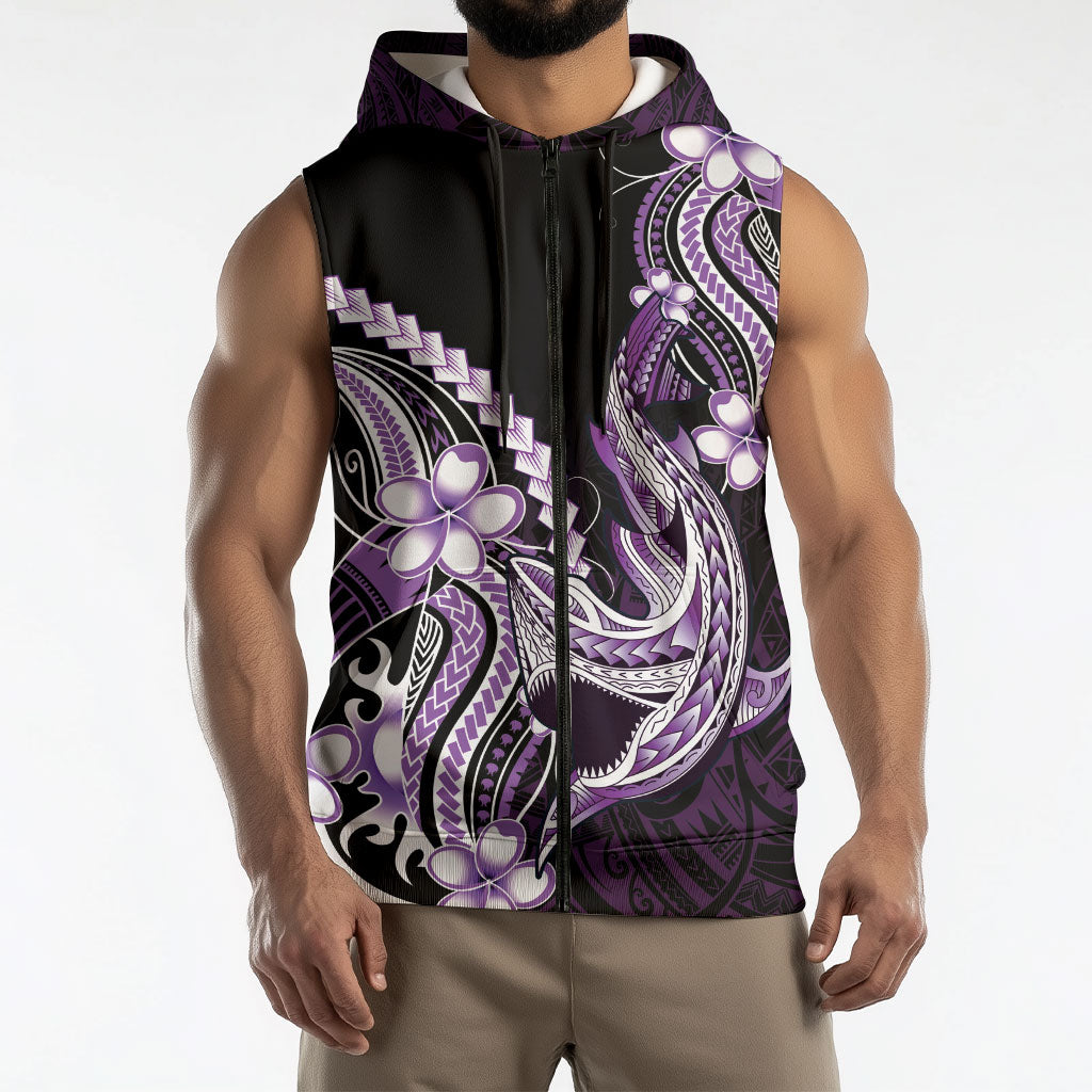 Purple Black Aloha Hawaii Sleeveless Zip Hoodie Polynesian Shark Tattoo Plumeria