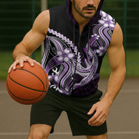 Purple Black Aloha Hawaii Sleeveless Zip Hoodie Polynesian Shark Tattoo Plumeria