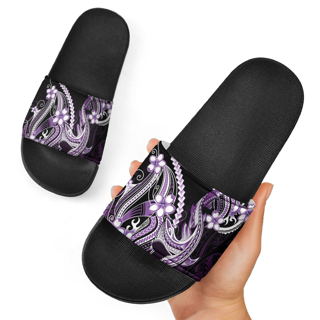 Purple Black Aloha Hawaii Slide Sandals Polynesian Shark Tattoo Plumeria