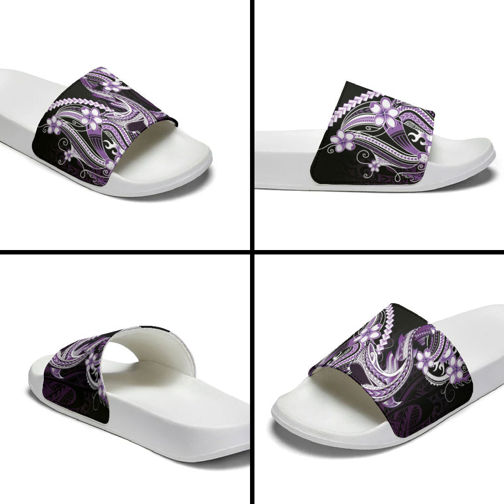 Purple Black Aloha Hawaii Slide Sandals Polynesian Shark Tattoo Plumeria