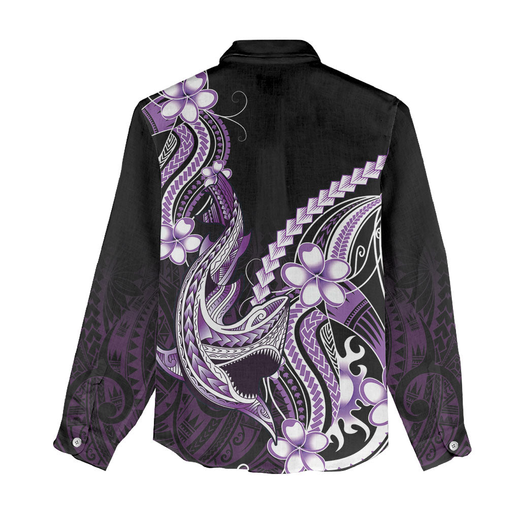 Purple Black Aloha Hawaii Women Casual Shirt Polynesian Shark Tattoo Plumeria