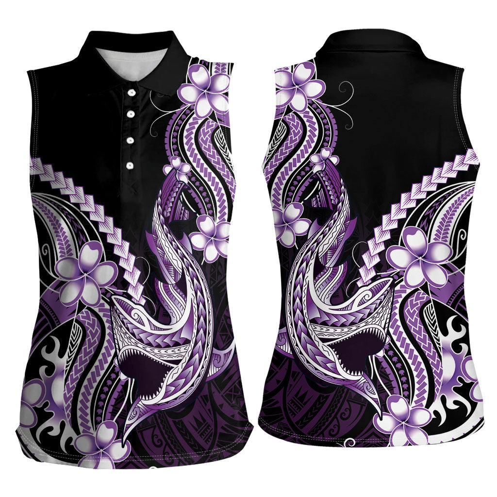 Purple Black Aloha Hawaii Women Sleeveless Polo Shirt Polynesian Shark Tattoo Plumeria
