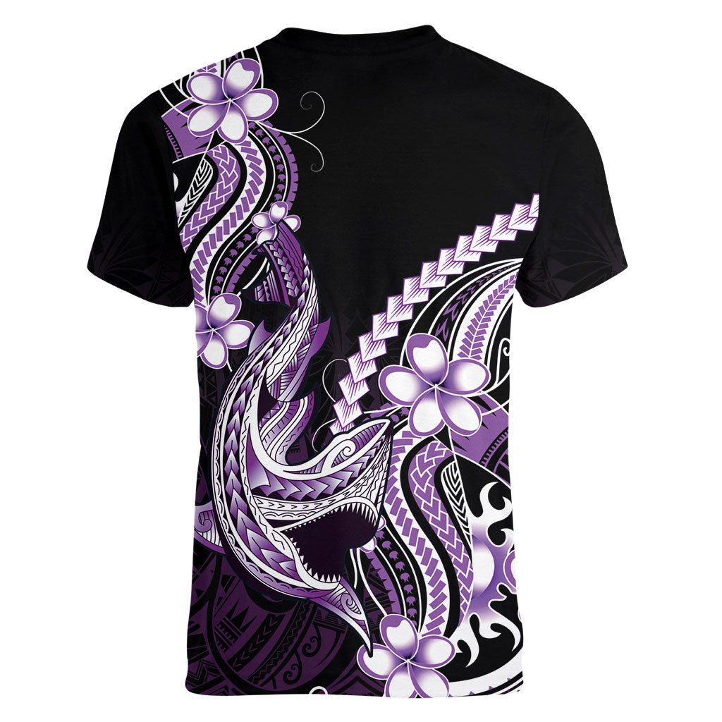 Purple Black Aloha Hawaii Women V-Neck T-Shirt Polynesian Shark Tattoo Plumeria