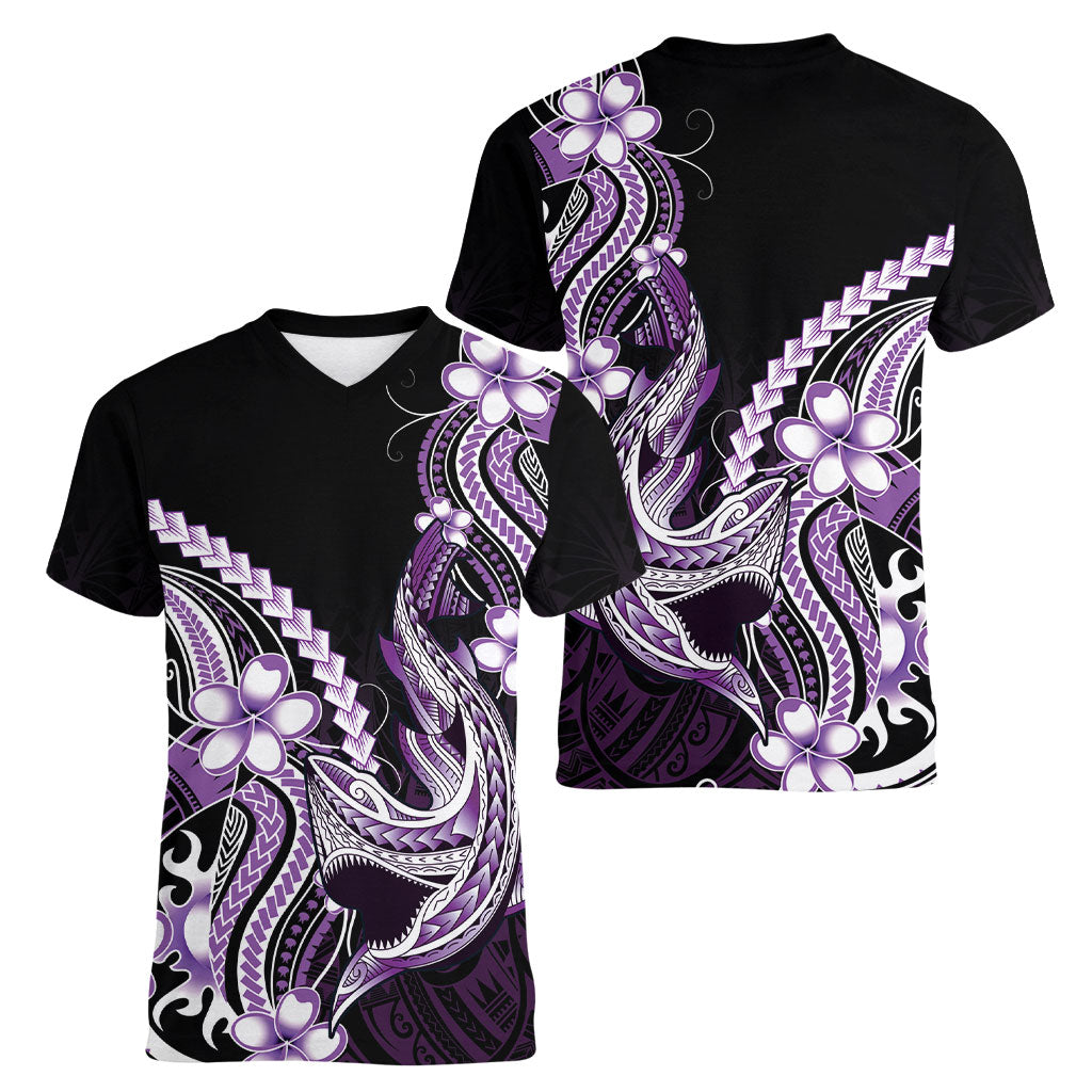 Purple Black Aloha Hawaii Women V-Neck T-Shirt Polynesian Shark Tattoo Plumeria
