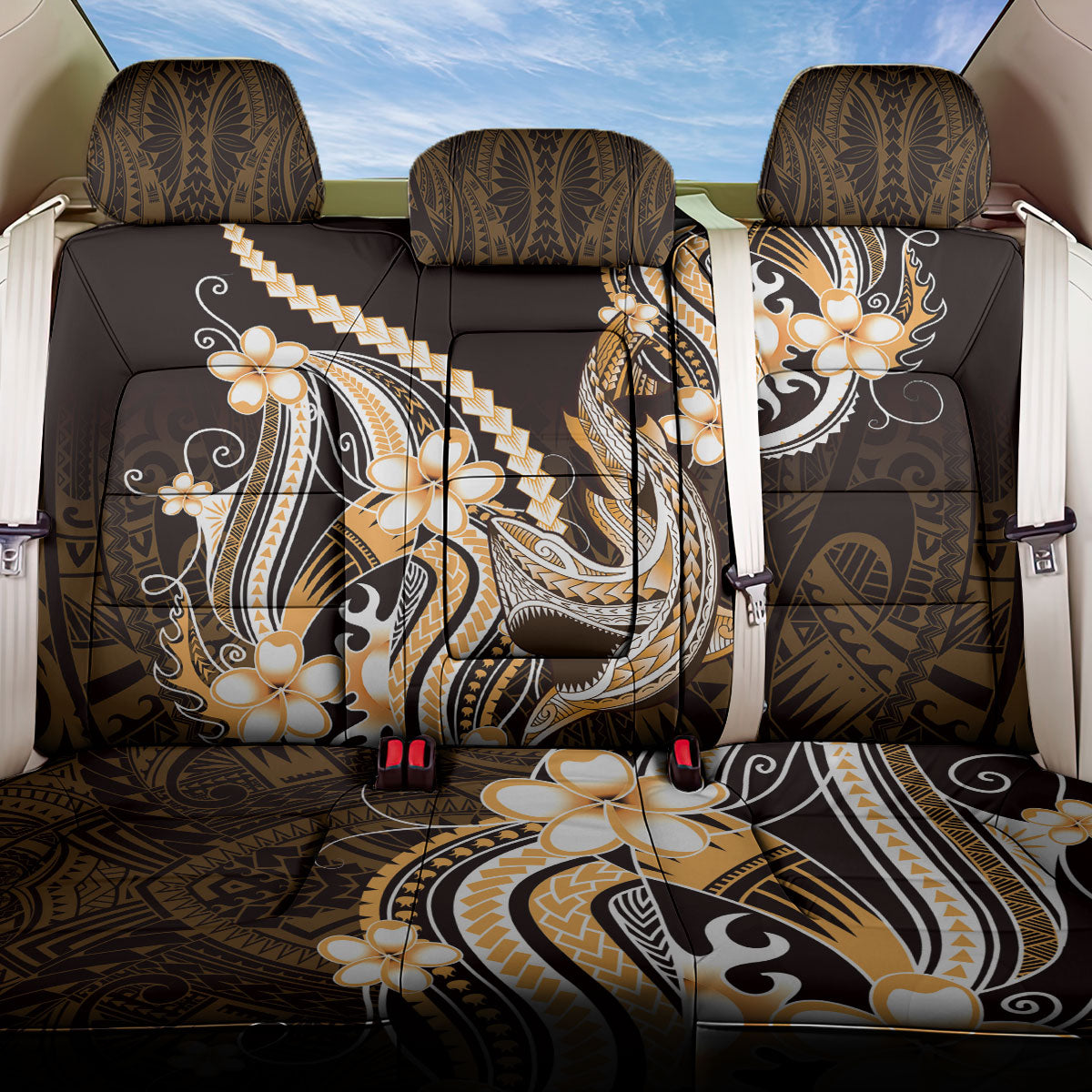 Orange Black Aloha Hawaii Back Car Seat Cover Polynesian Shark Tattoo Plumeria