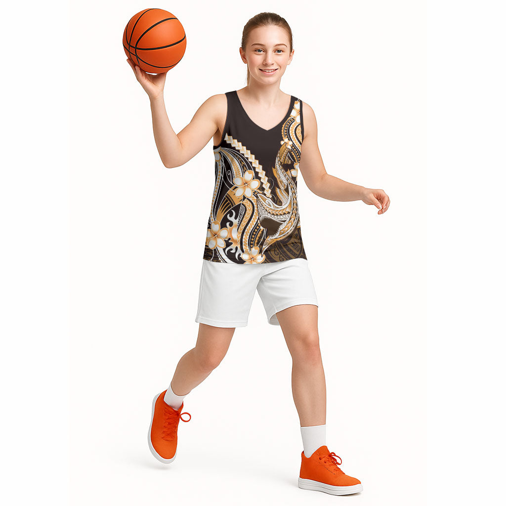 Orange Black Aloha Hawaii Basketball Jersey Polynesian Shark Tattoo Plumeria