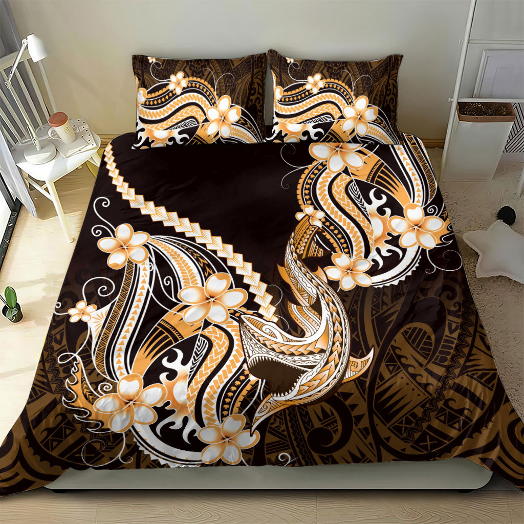 Orange Black Aloha Hawaii Bedding Set Polynesian Shark Tattoo Plumeria