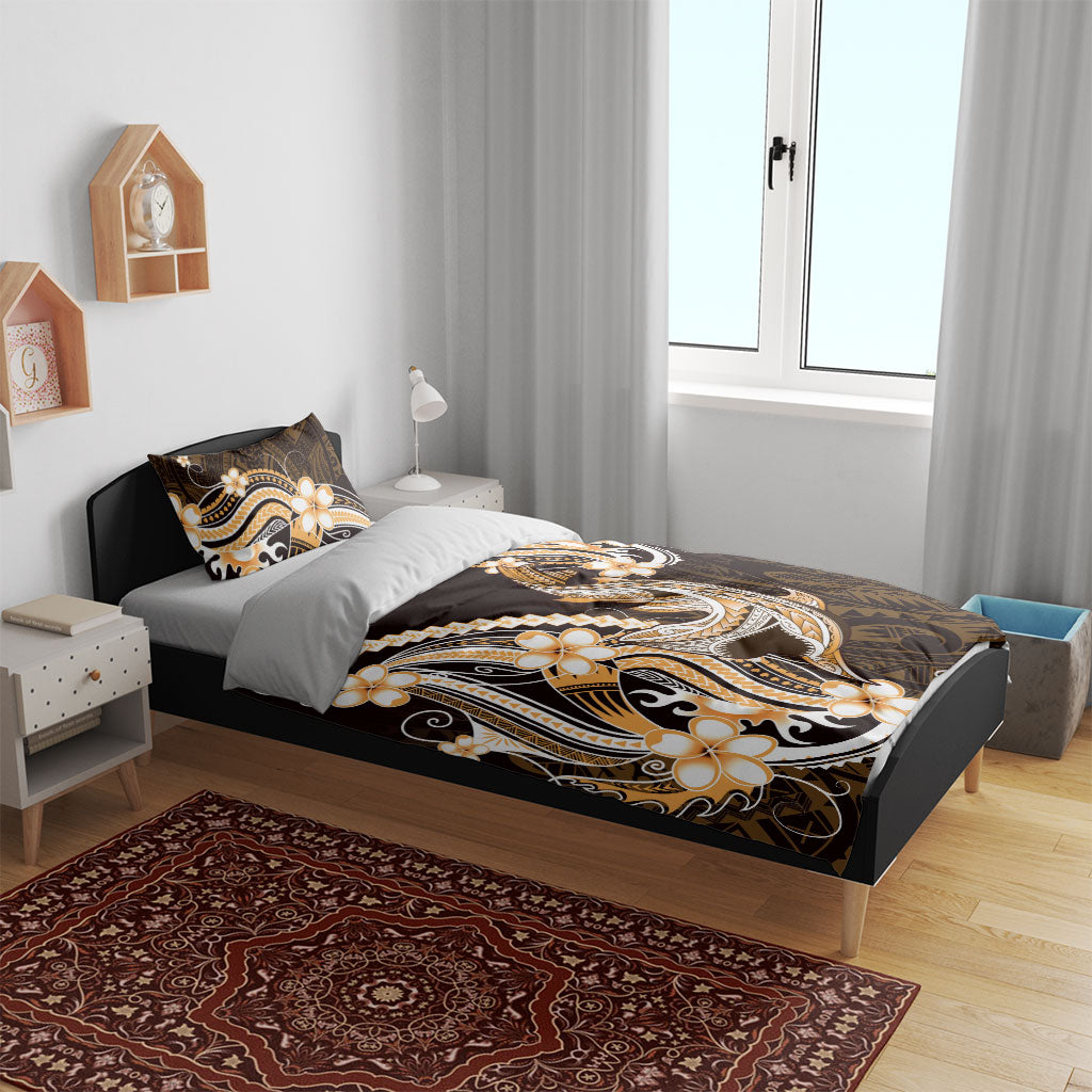 Orange Black Aloha Hawaii Bedding Set Polynesian Shark Tattoo Plumeria