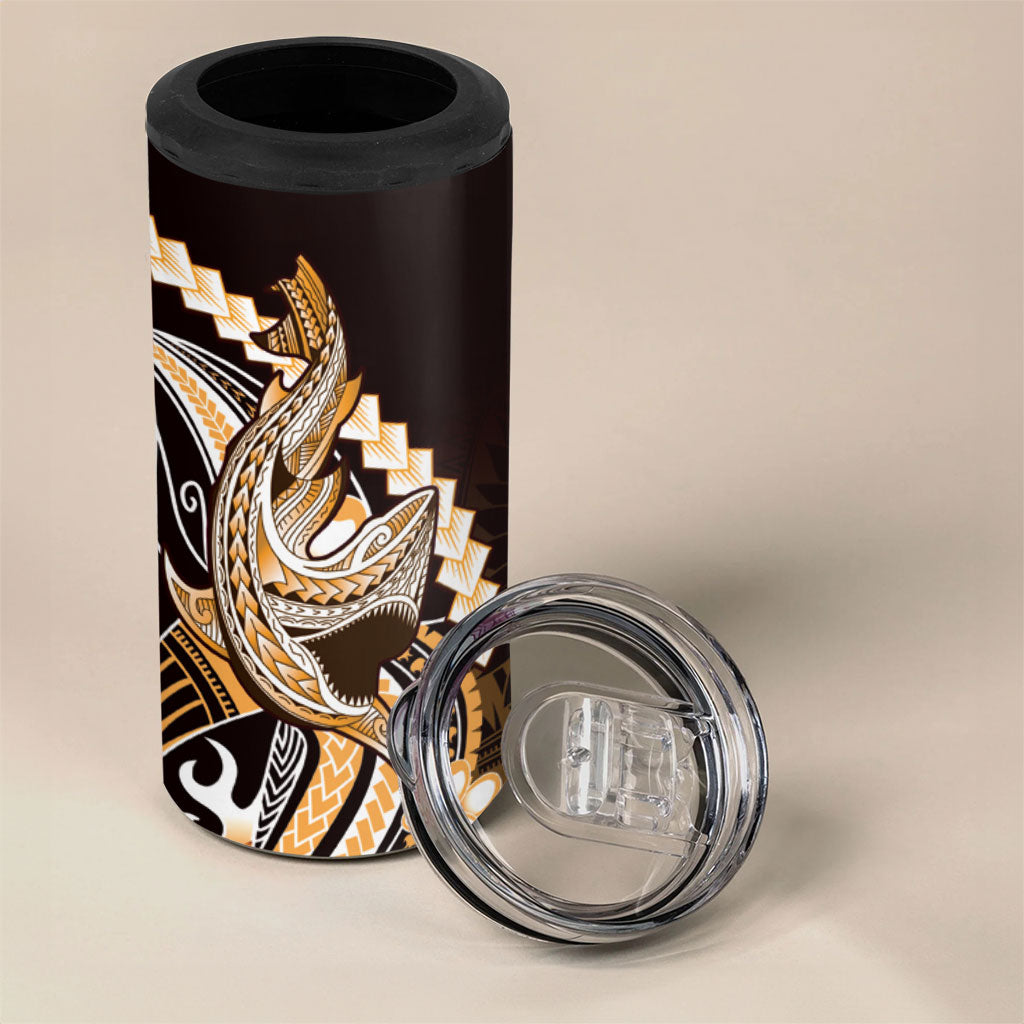 Orange Black Aloha Hawaii 4 in 1 Can Cooler Tumbler Polynesian Shark Tattoo Plumeria