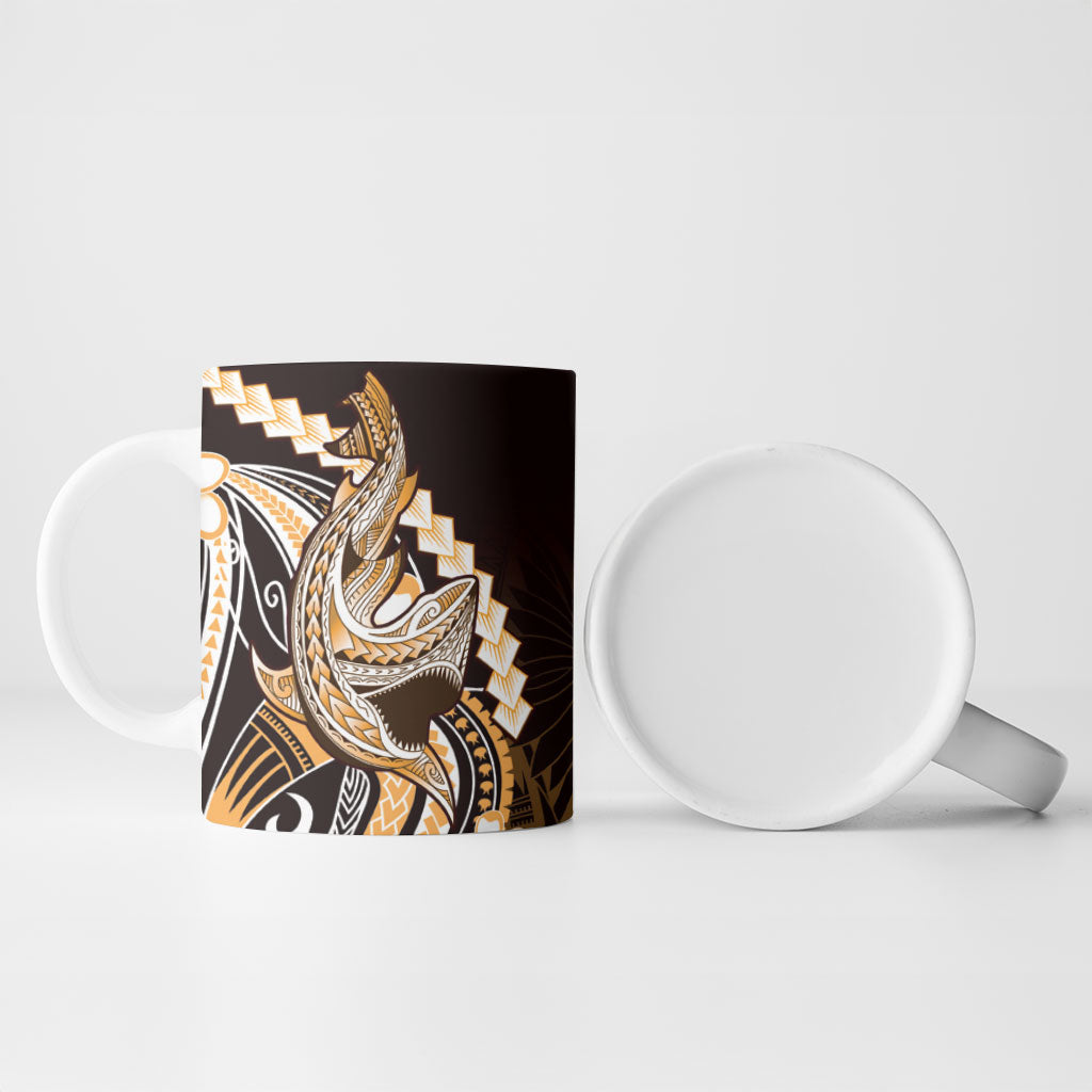Orange Black Aloha Hawaii Ceramic Mug Polynesian Shark Tattoo Plumeria