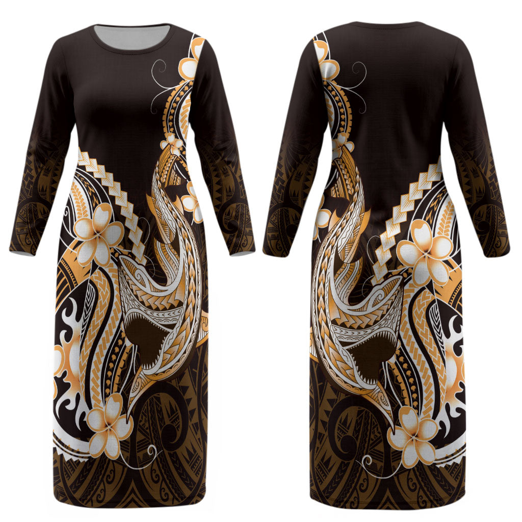 Orange Black Aloha Hawaii Couples Matching Long Sleeve Bodycon Dress and Hawaiian Shirt Polynesian Shark Tattoo Plumeria LT14 - Polynesian Pride