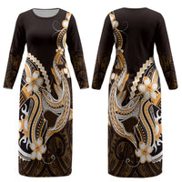 Orange Black Aloha Hawaii Couples Matching Long Sleeve Bodycon Dress and Hawaiian Shirt Polynesian Shark Tattoo Plumeria LT14 - Polynesian Pride