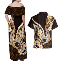 Orange Black Aloha Hawaii Couples Matching Off Shoulder Maxi Dress and Hawaiian Shirt Polynesian Shark Tattoo Plumeria