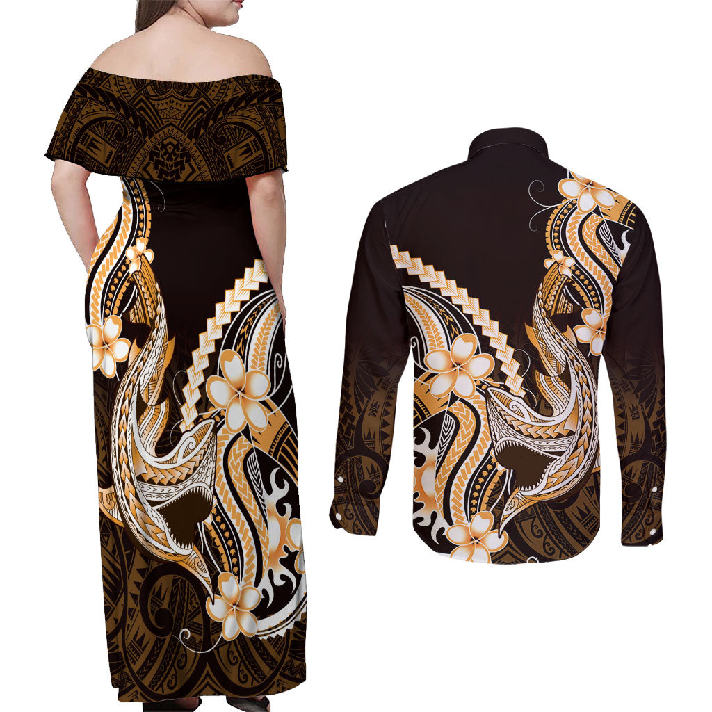 Orange Black Aloha Hawaii Couples Matching Off Shoulder Maxi Dress and Long Sleeve Button Shirt Polynesian Shark Tattoo Plumeria