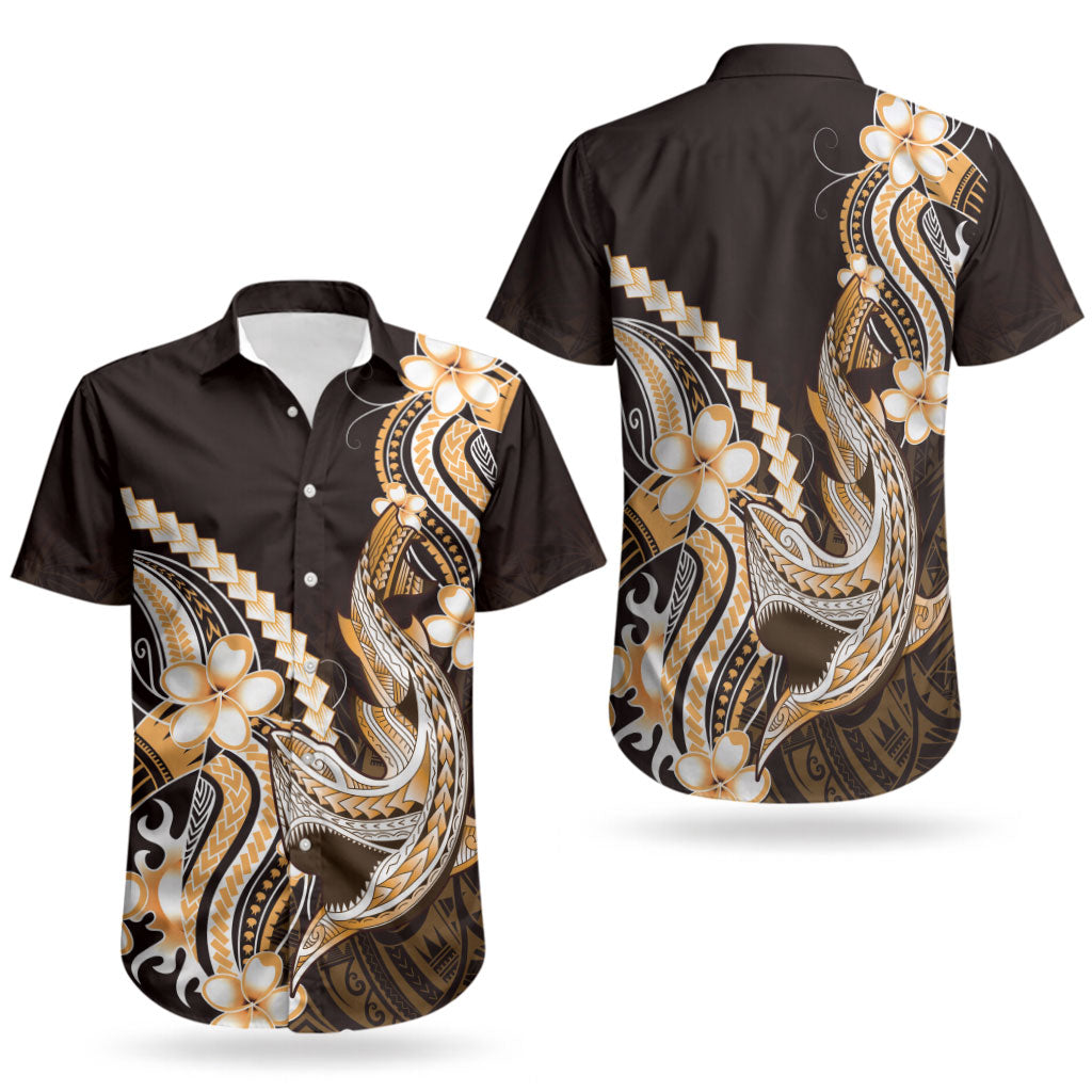 Orange Black Aloha Hawaii Couples Matching Off Shoulder Short Dress and Hawaiian Shirt Polynesian Shark Tattoo Plumeria LT14 - Polynesian Pride
