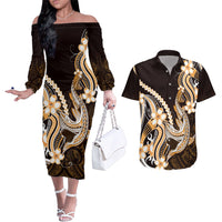 Orange Black Aloha Hawaii Couples Matching Off The Shoulder Long Sleeve Dress and Hawaiian Shirt Polynesian Shark Tattoo Plumeria