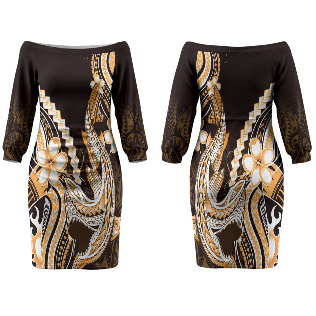 Orange Black Aloha Hawaii Couples Matching Off The Shoulder Long Sleeve Dress and Hawaiian Shirt Polynesian Shark Tattoo Plumeria LT14 - Polynesian Pride