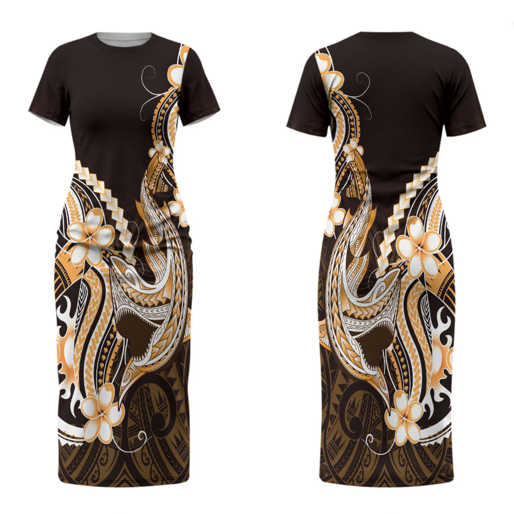 Orange Black Aloha Hawaii Couples Matching Short Sleeve Bodycon Dress and Hawaiian Shirt Polynesian Shark Tattoo Plumeria LT14 - Polynesian Pride