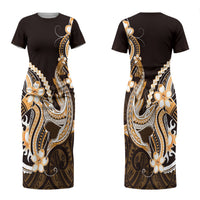 Orange Black Aloha Hawaii Couples Matching Short Sleeve Bodycon Dress and Hawaiian Shirt Polynesian Shark Tattoo Plumeria LT14 - Polynesian Pride