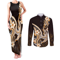 Orange Black Aloha Hawaii Couples Matching Tank Maxi Dress and Long Sleeve Button Shirt Polynesian Shark Tattoo Plumeria